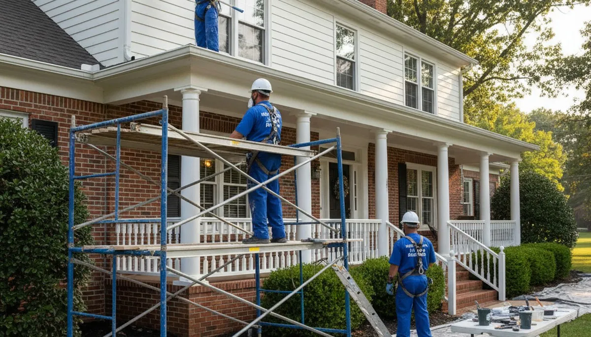 Exterior painting crew serving St Louis, MO on a residential home with professional painting equipment